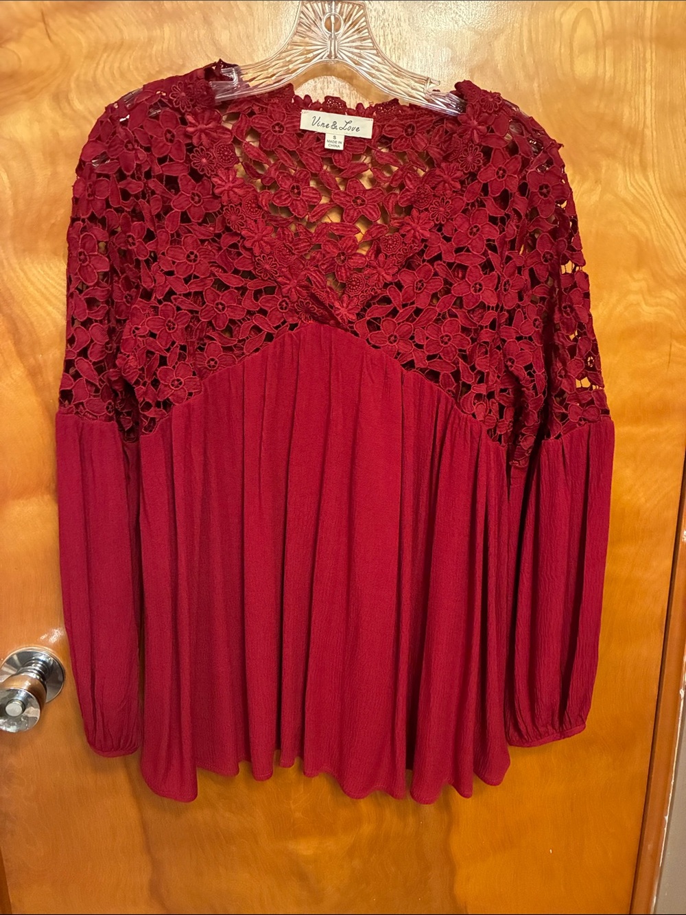 VINE & LOVE. Women's Deep Red Crochet Yoke Flowing Blouse. Size S. Will fit M